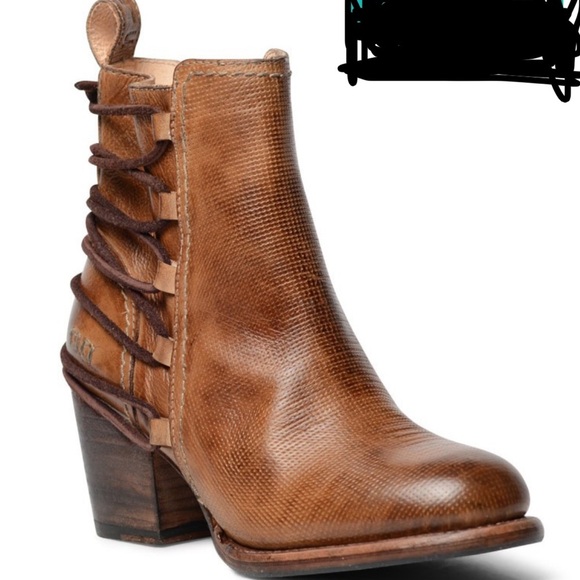 BED STU Sz 6.5 Blaire Stacked Heel Zipper Lace Up Back Ankle Booties Tan Rustic - Picture 14 of 14